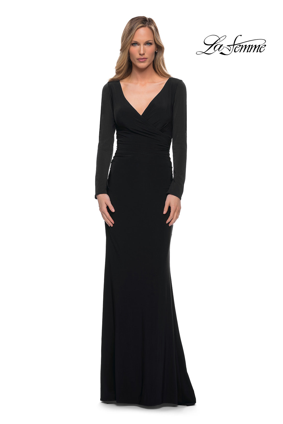 Picture of: Long Sleeve Jersey Evening Dress with Ruching in Black, Main Picture