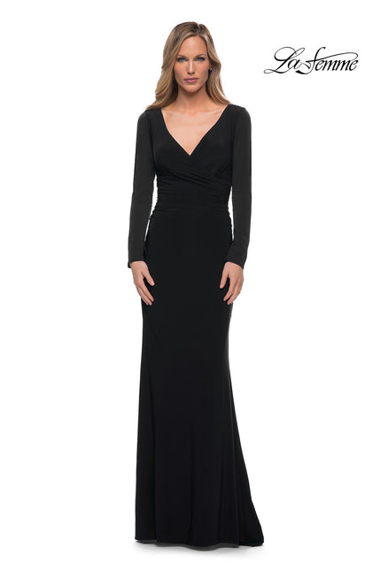 Picture of: Long Sleeve Jersey Evening Dress with Ruching in Black, Main Picture