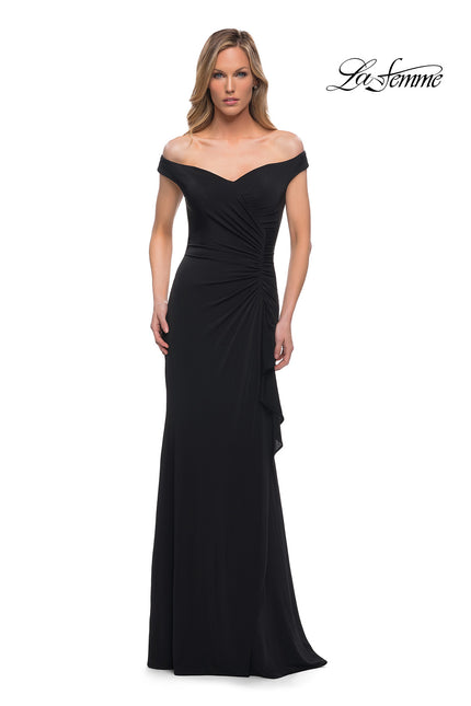Picture of: Off the Shoulder Ruched Jersey Gown in Black, Main Picture