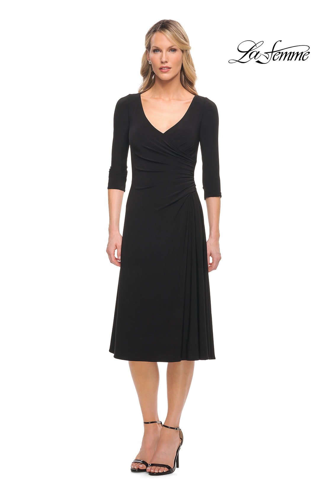 Picture of: Chic Tea Length Jersey Dress with Ruching in Black, Style: 30069, Main Picture