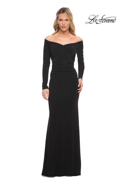 Picture of: Off the Shoulder Jersey Evening Dress with Long Sleeves in Black, Style: 30073, Main Picture