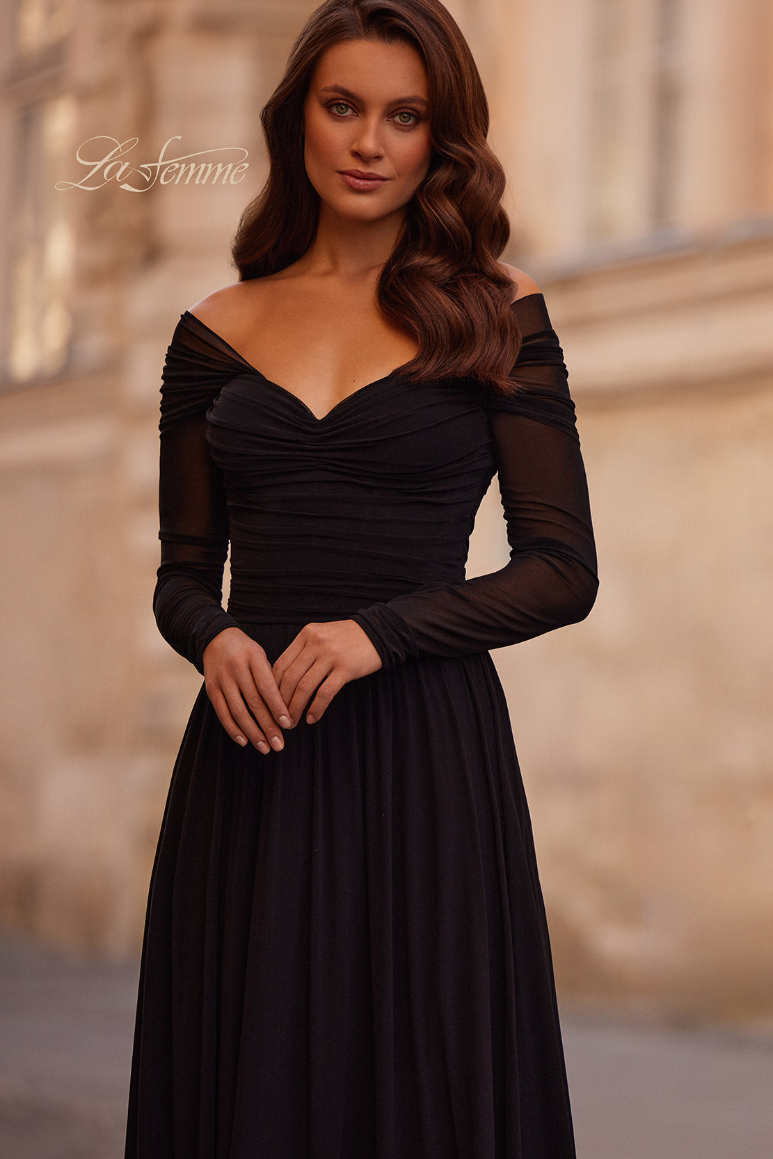 Picture of: Chic Off the Shoulder Net Jersey Gown with Long Sleeves in Black, Style: 32722, Main Picture