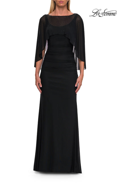Picture of: Jersey Gown with Sheer Beaded Cape Overlay in Black, Style: 33718, Main Picture