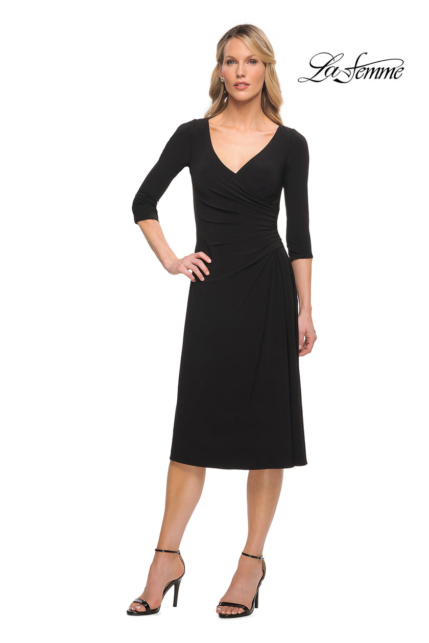 Picture of: Chic Tea Length Jersey Dress with Ruching in Black, Style: 30069, Detail Picture 9