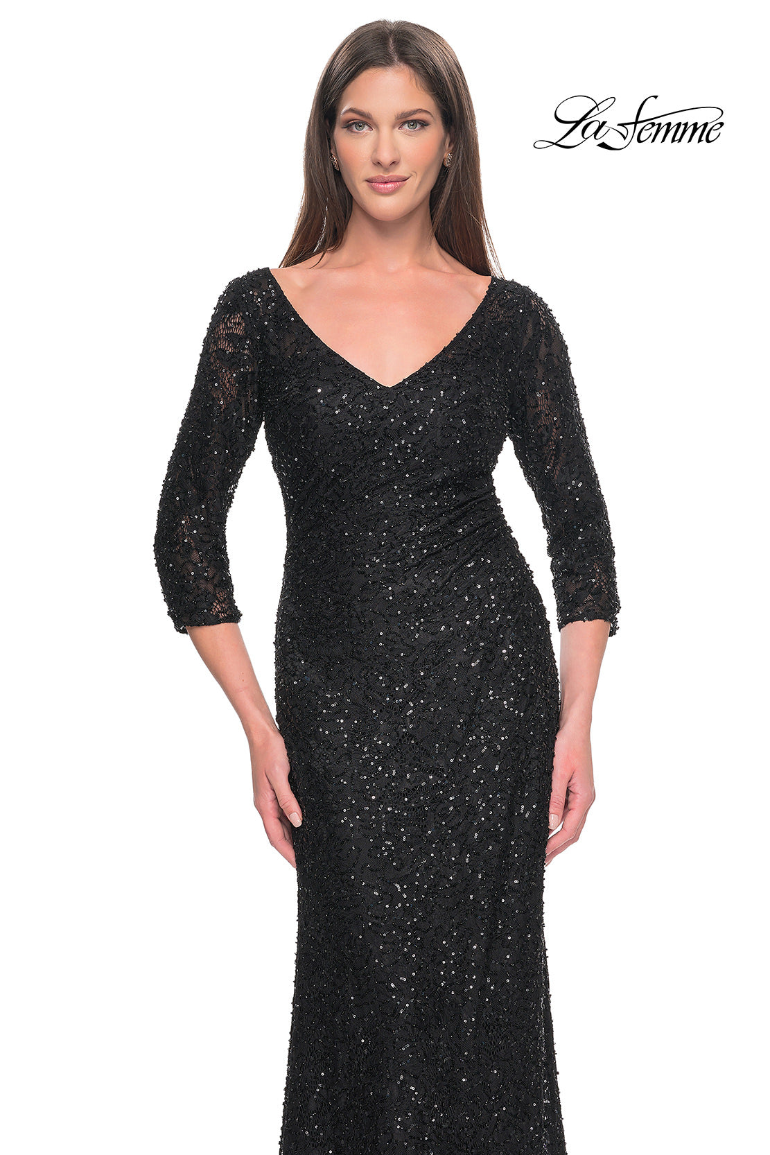 Picture of: Fitted Beaded Lace Evening Gown with Ruching in Black, Style: 31721, Detail Picture 11