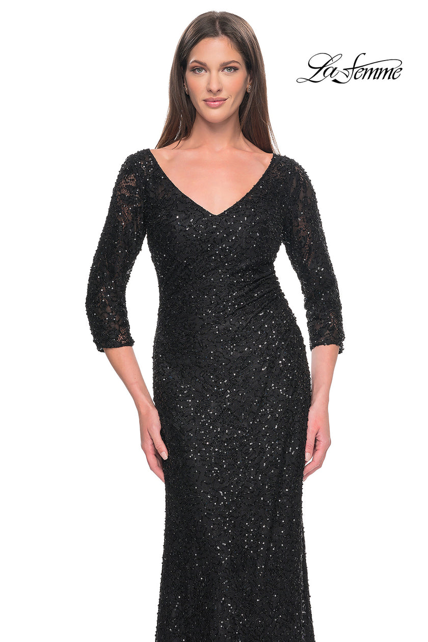 Picture of: Fitted Beaded Lace Evening Gown with Ruching in Black, Style: 31721, Detail Picture 11