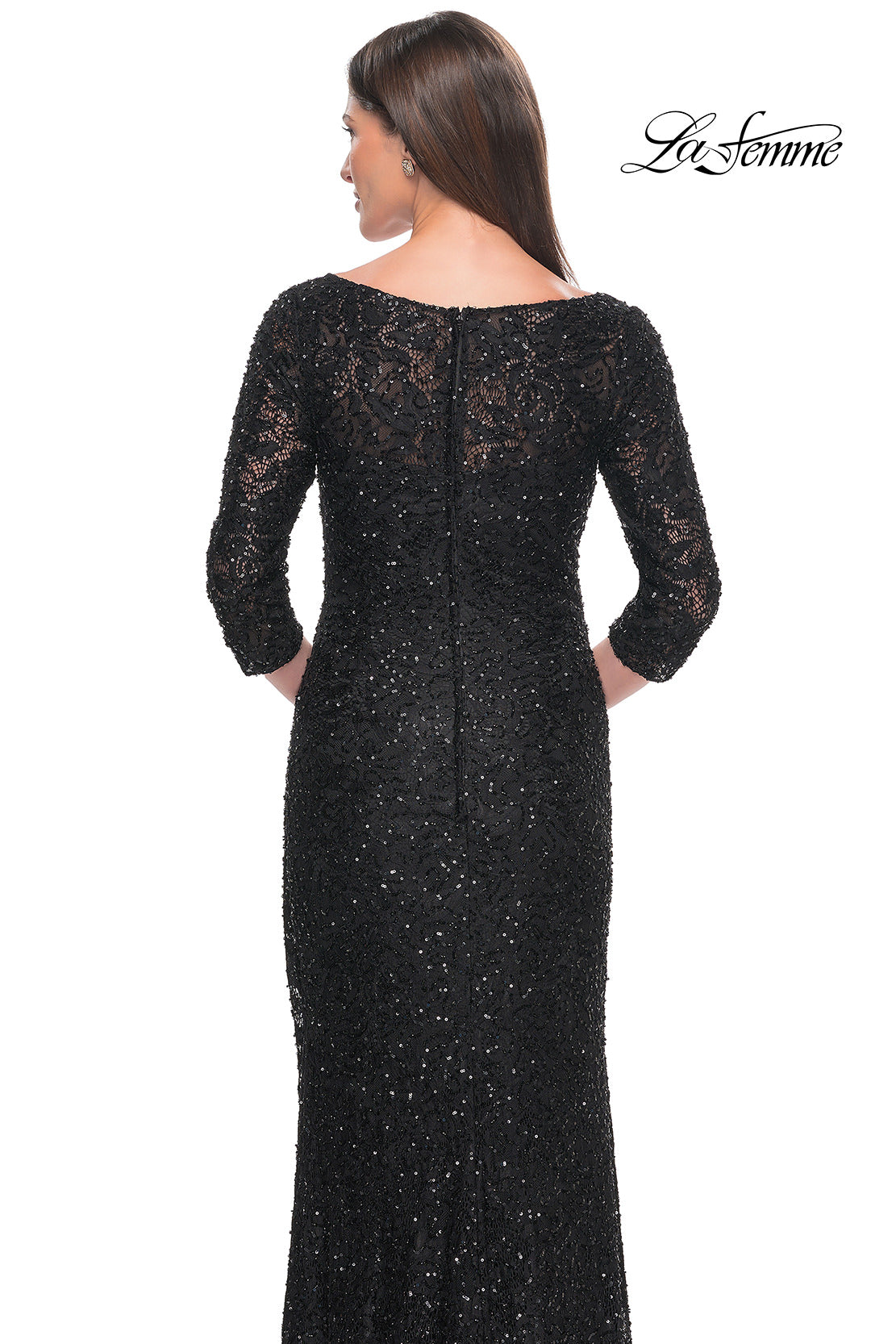 Picture of: Fitted Beaded Lace Evening Gown with Ruching in Black, Style: 31721, Detail Picture 12