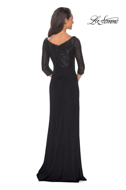 Picture of: Floor Length Dress with Sequin Bodice and Ruching in Black, Style: 24858, Back Picture