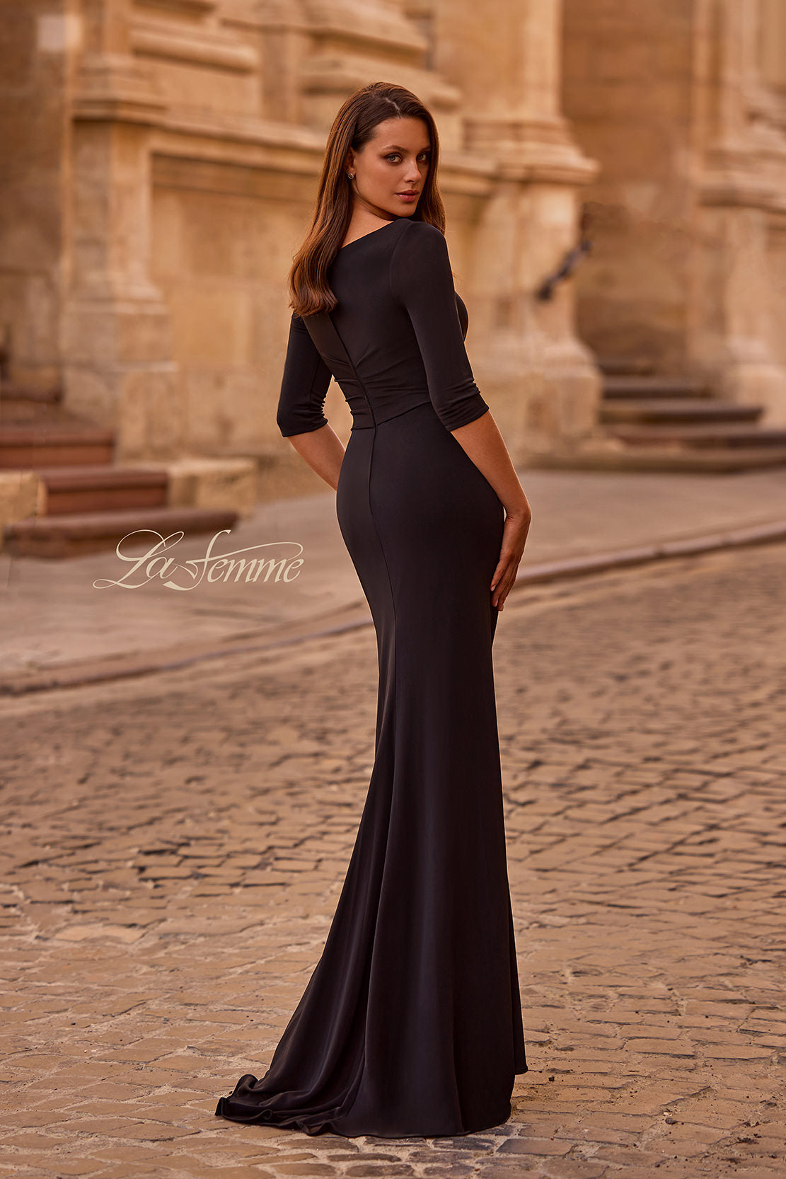 Picture of: 3/4 Sleeve Long Jersey Dress with Sweetheart Neckline, Style: 26955, Back Picture