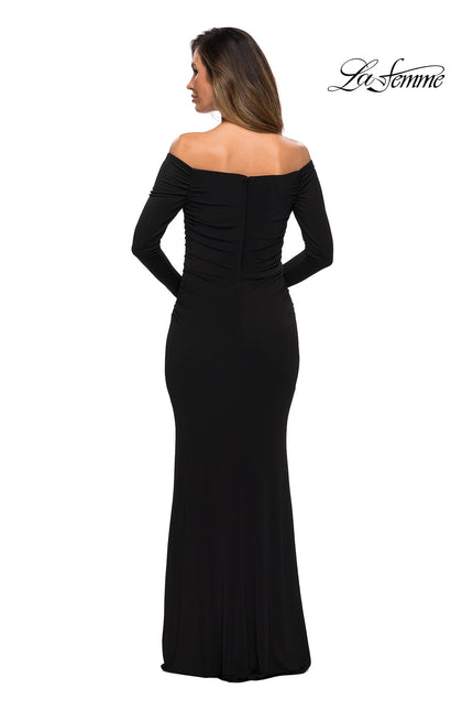 Picture of: Long Sleeve Off The Shoulder Jersey Evening Gown in Black, Style: 28054, Back Picture