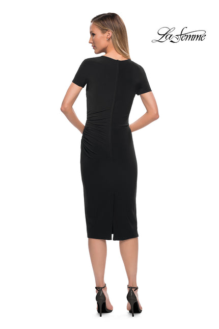 Picture of: Ruched Jersey Below the Knee Dress with Short Sleeves in Black, Back Picture