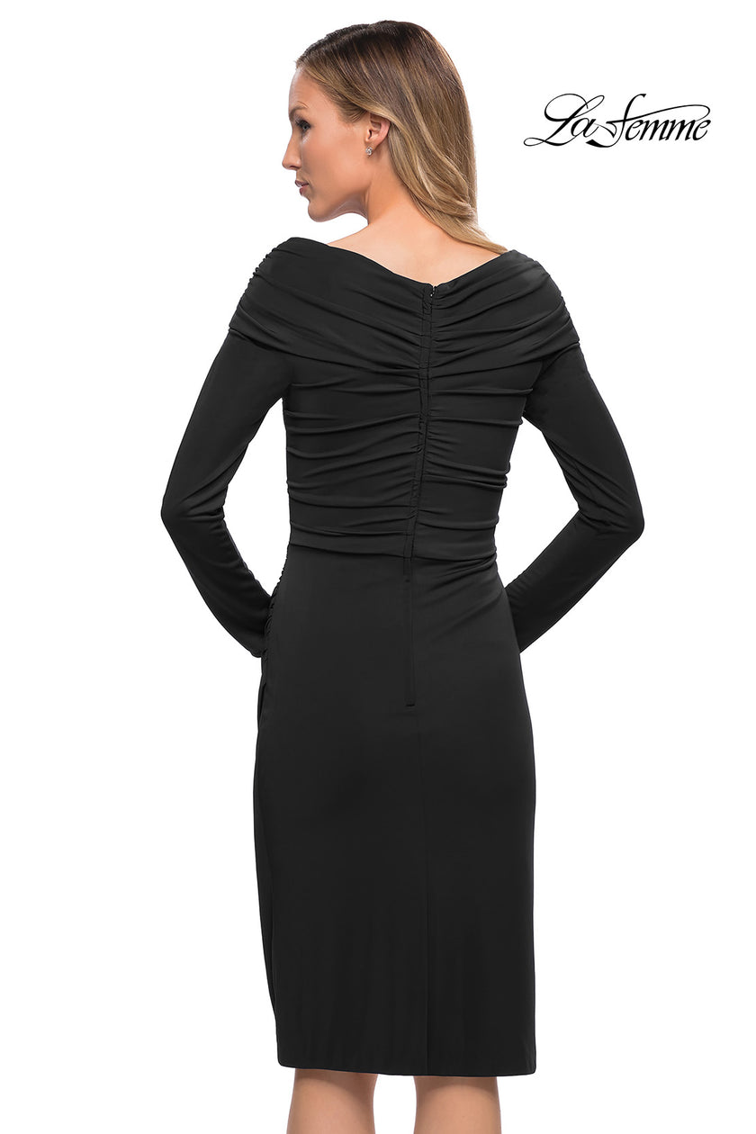 Picture of: Long Sleeve Below the Knee Dress with V Neckline in Black, Back Picture