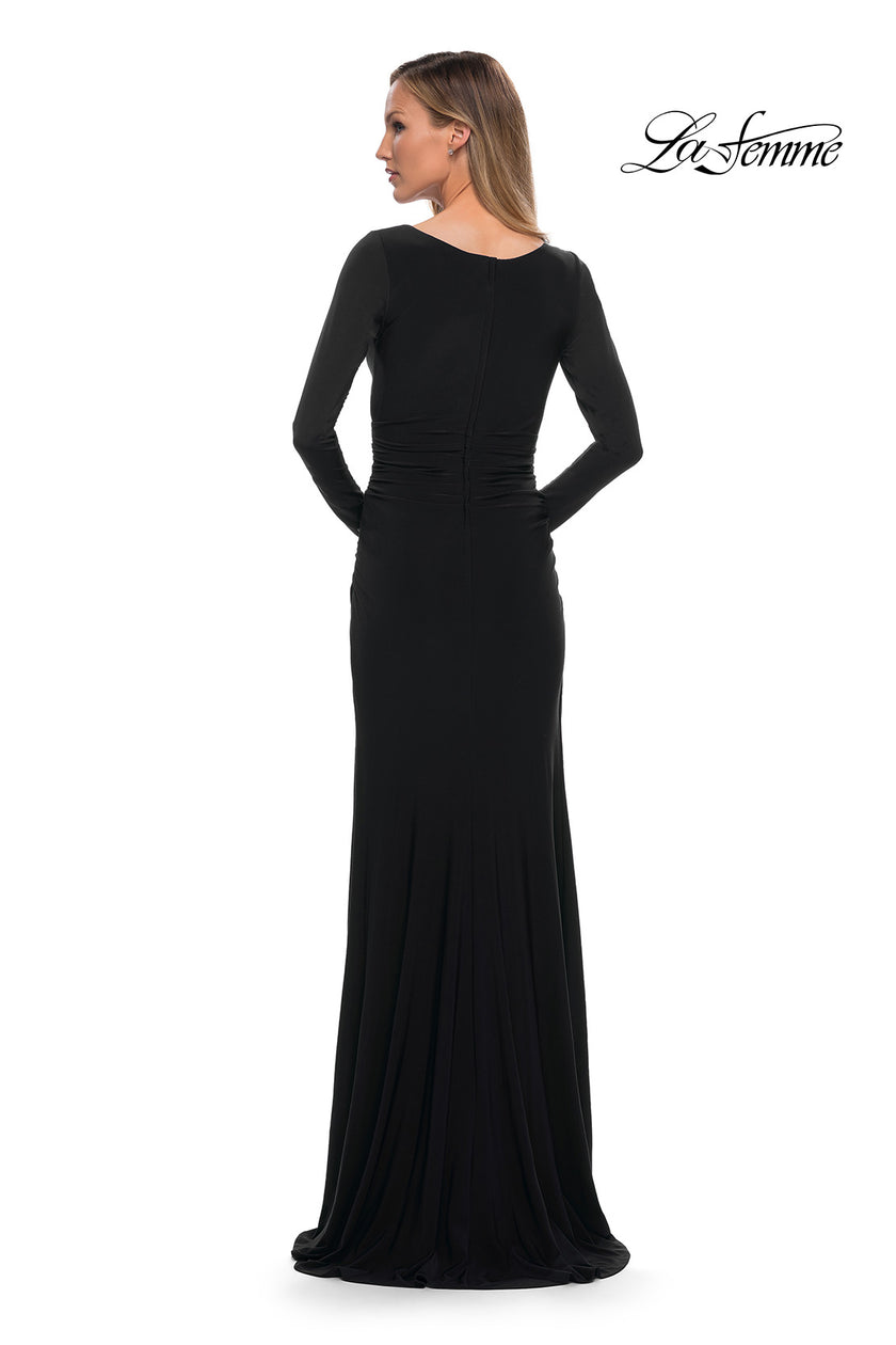 Picture of: Long Sleeve Jersey Evening Dress with Ruching in Black, Back Picture