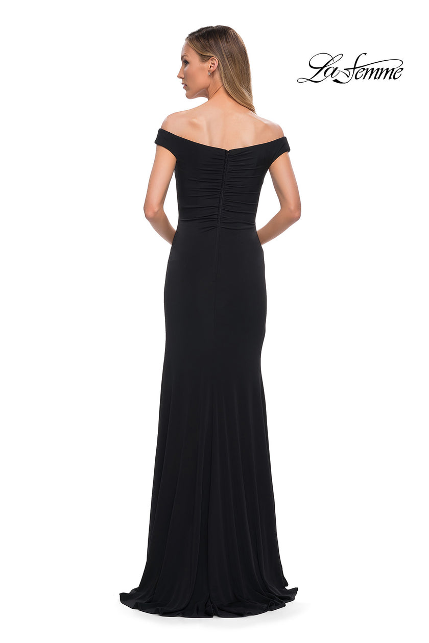 Picture of: Off the Shoulder Ruched Jersey Gown in Black, Back Picture
