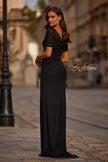Picture of: Ruched Black Evening Dress with Illusion Lace Neckline in Black, Style: 33120, Back Picture