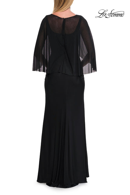 Picture of: Jersey Gown with Sheer Beaded Cape Overlay in Black, Style: 33718, Back Picture
