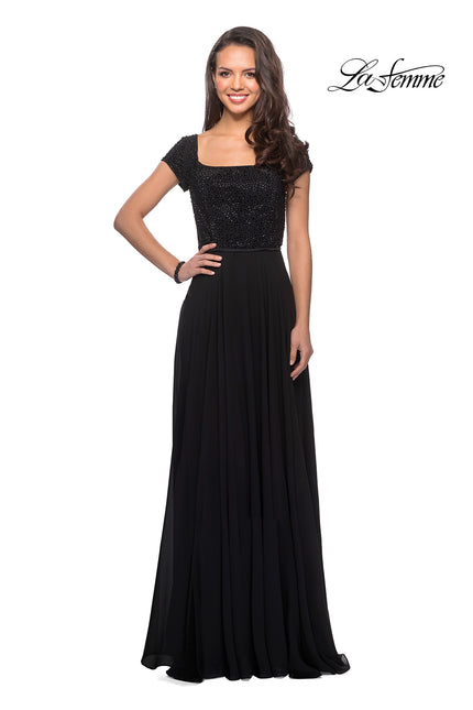 Picture of: Short Sleeve Long Gown with Beaded Bodice in Black, Style: 26512, Detail Picture 1