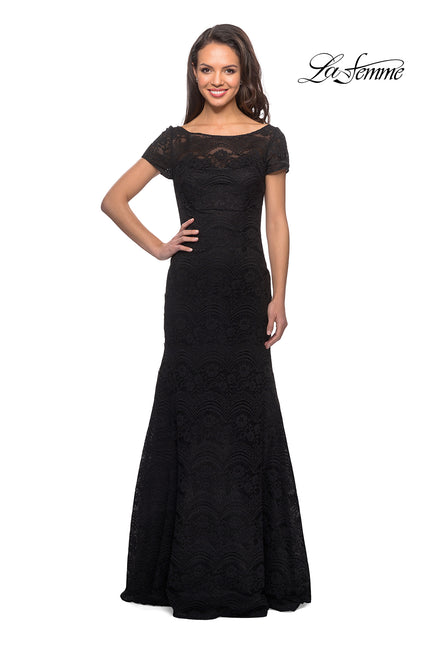 Picture of: Floor Length Lace Gown with Short Sleeves in Black, Style: 26875, Detail Picture 1