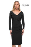 Picture of: Long Sleeve Below the Knee Dress with V Neckline in Black, Detail Picture 1
