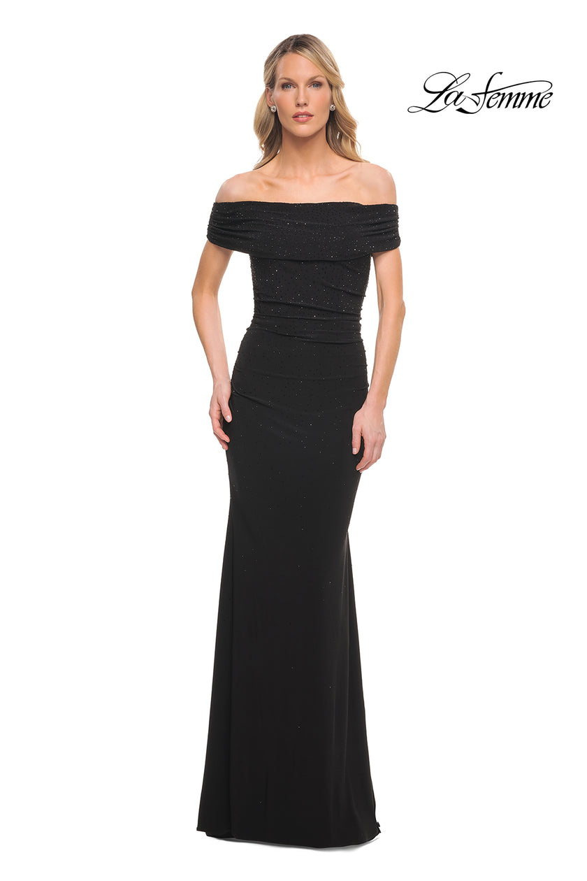 Picture of: Beaded Long Jersey Off the Shoulder Gown in Black, Style: 30117, Detail Picture 1
