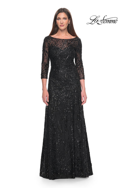 Picture of: Beautiful Beaded Long Dress with Illusion Sleeves in Black, Style: 31690, Detail Picture 1