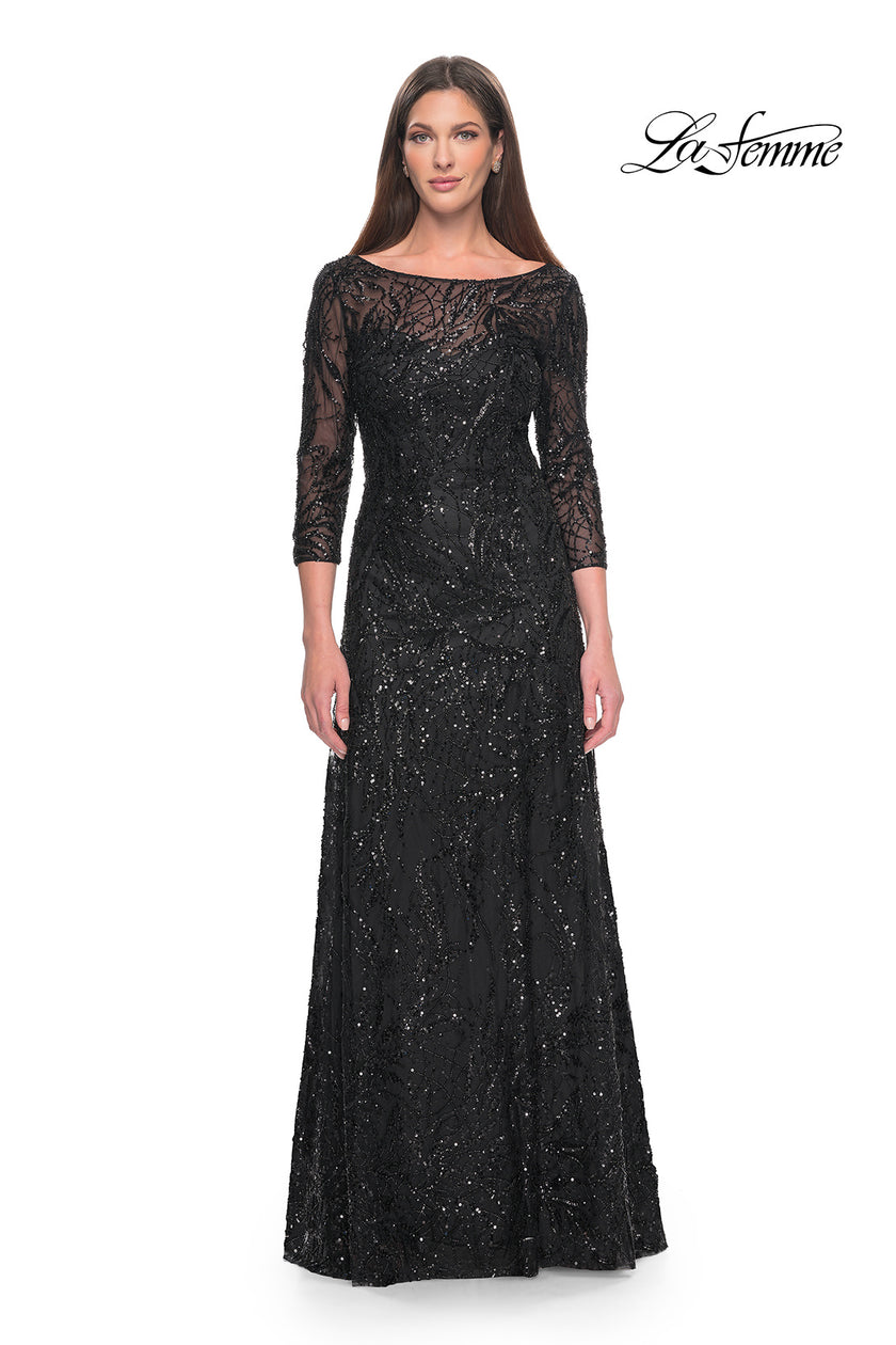 Picture of: Beautiful Beaded Long Dress with Illusion Sleeves in Black, Style: 31690, Detail Picture 1