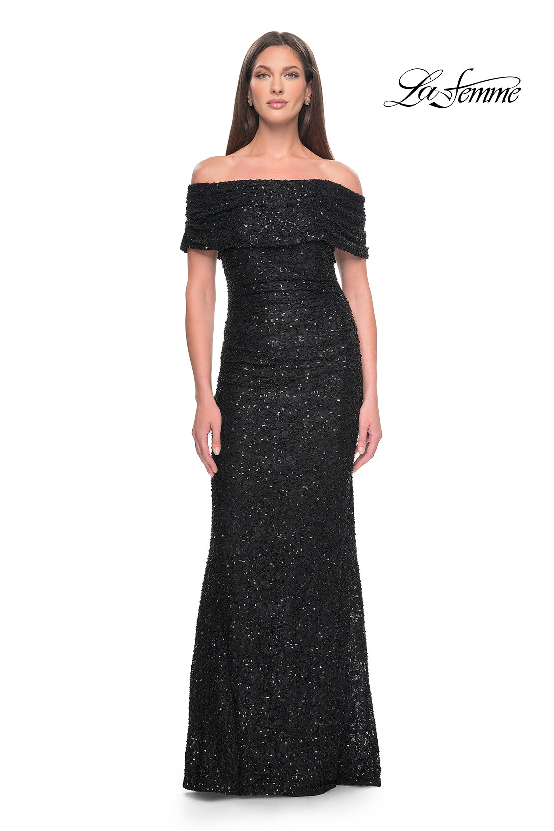 Picture of: Off the Shoulder Ruched Beaded Lace Evening Gown in Black, Style: 31778, Detail Picture 1