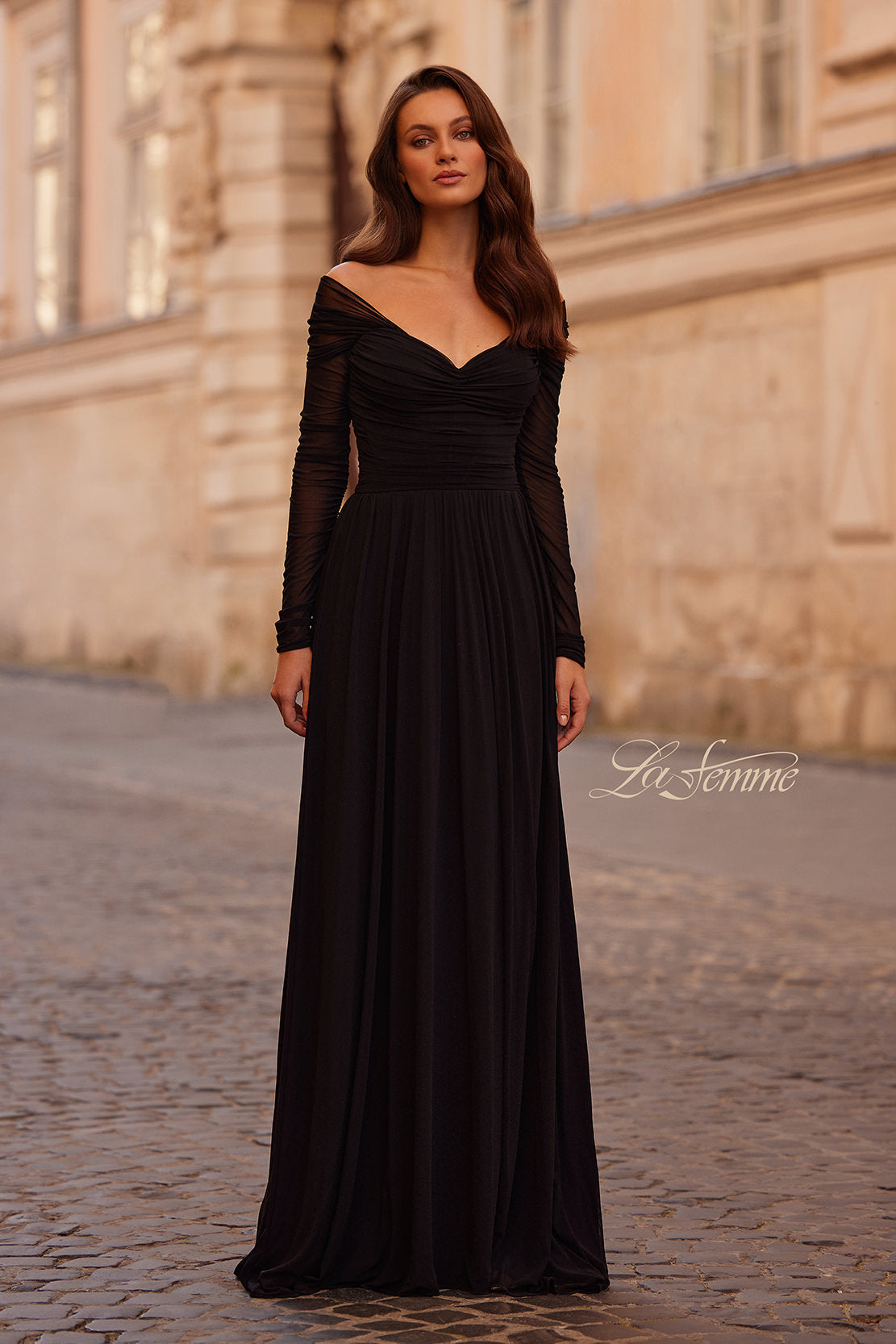 Picture of: Chic Off the Shoulder Net Jersey Gown with Long Sleeves in Black, Style: 32722, Detail Picture 1