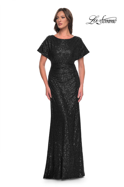 Picture of: Sequin Stretch Evening Dress with High Neckline and Dolman Sleeves in Black, Style: 30885, Detail Picture 2