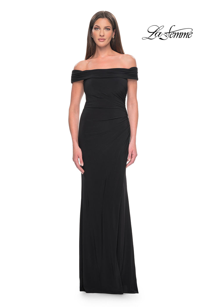 Picture of: Off the Shoulder Jersey Dress with Ruching and Slit in Black, Style: 31086, Detail Picture 2