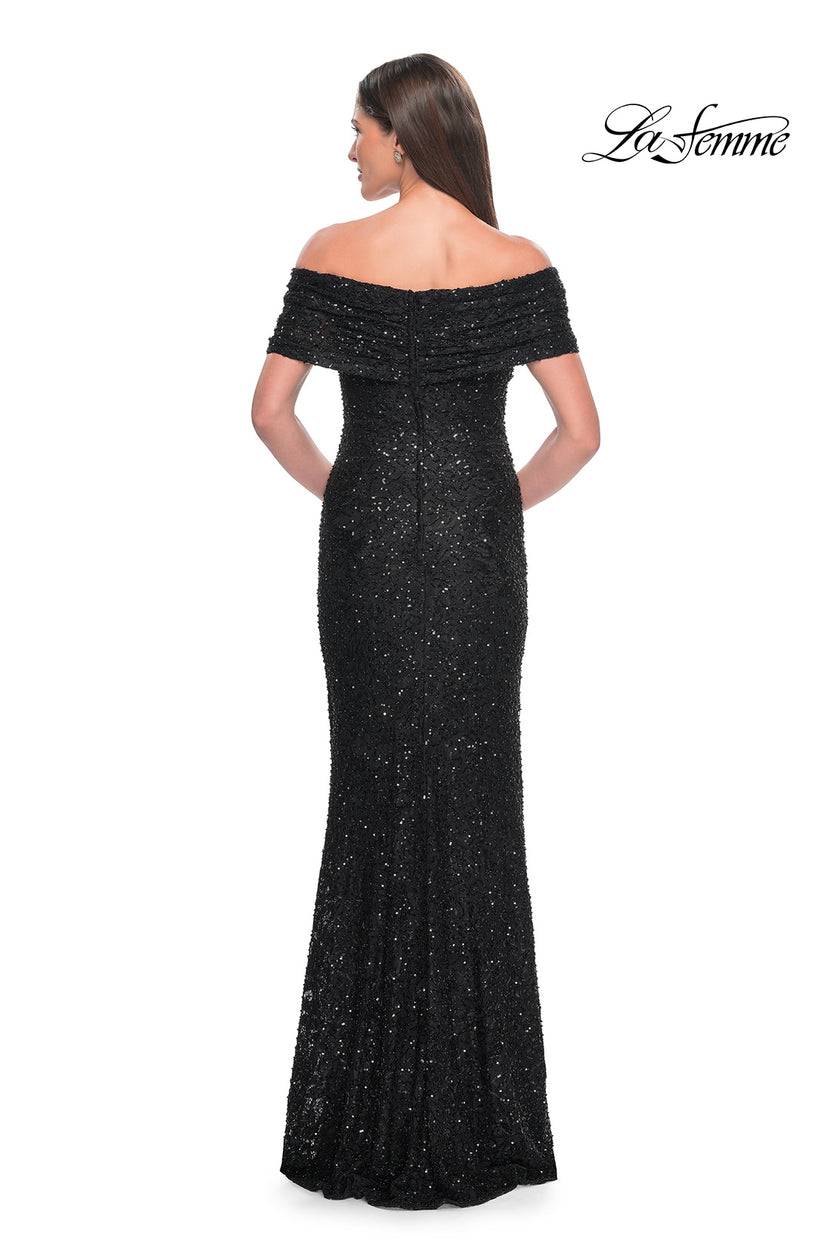 Picture of: Off the Shoulder Ruched Beaded Lace Evening Gown in Black, Style: 31778, Detail Picture 2