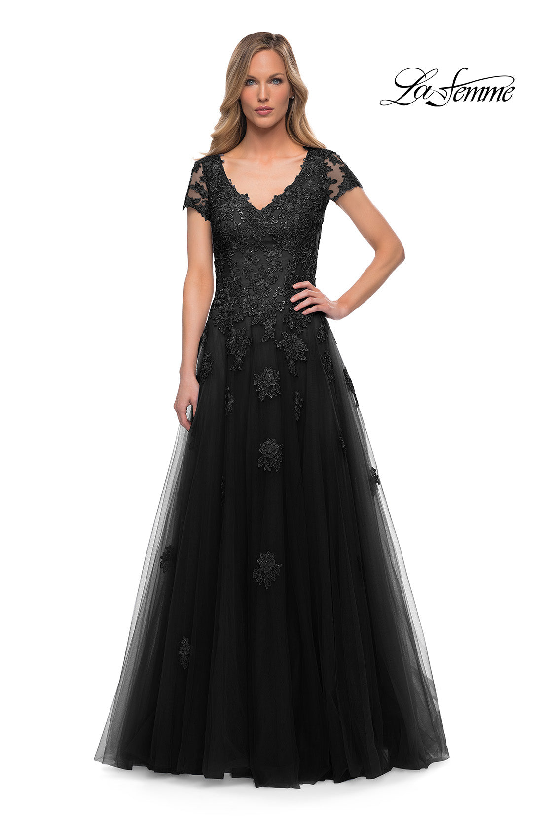 Picture of: Tulle A Line Gown with Lace Applique and V Neck, Style: 29380, Detail Picture 3