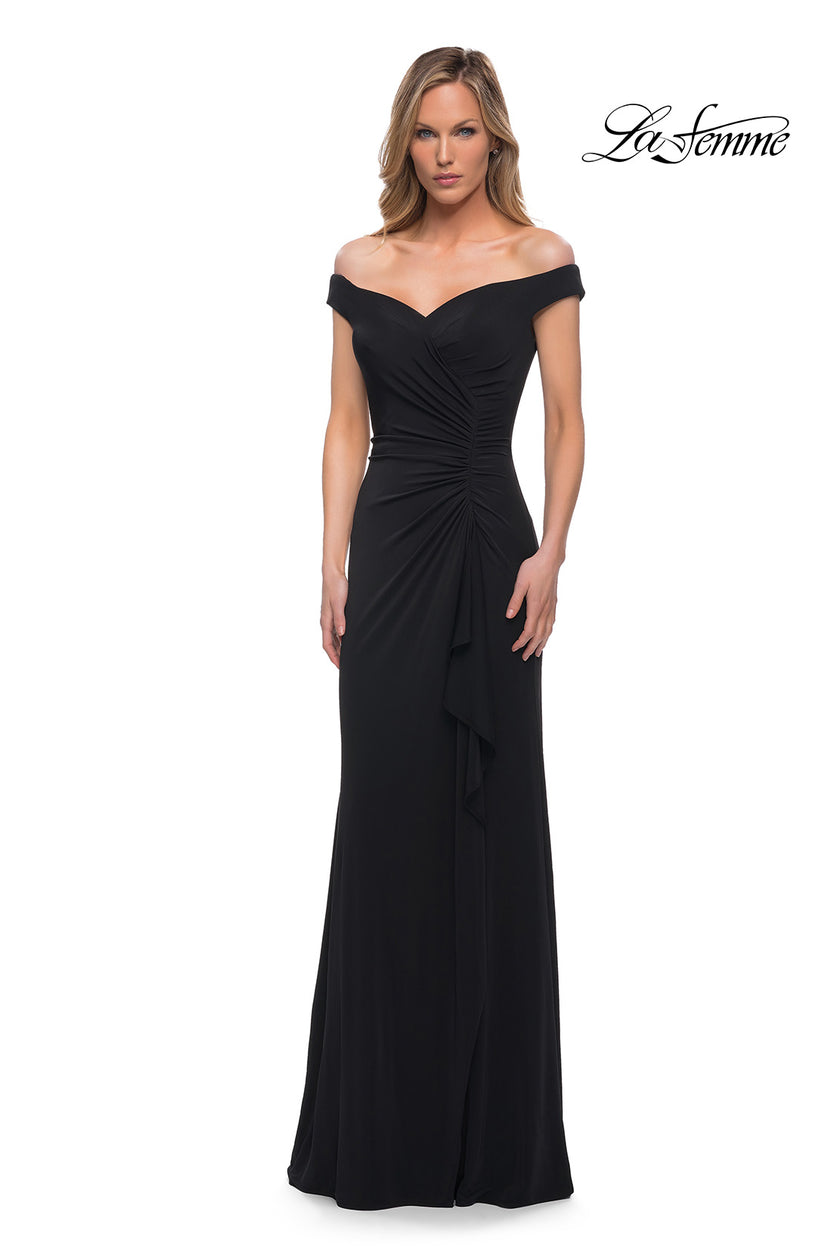 Picture of: Off the Shoulder Ruched Jersey Gown in Black, Detail Picture 3