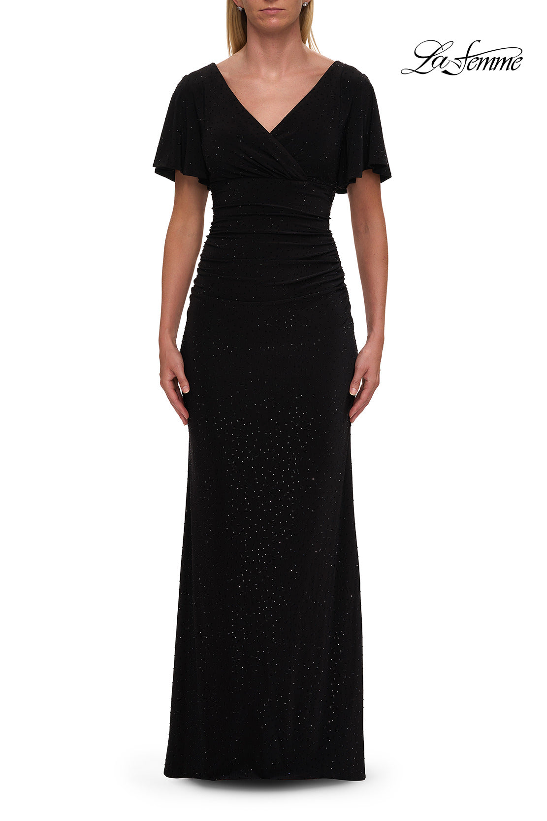 Picture of: Flutter Sleeve Rhinestone Embellished Evening Dress in Black, Style: 32495, Detail Picture 3