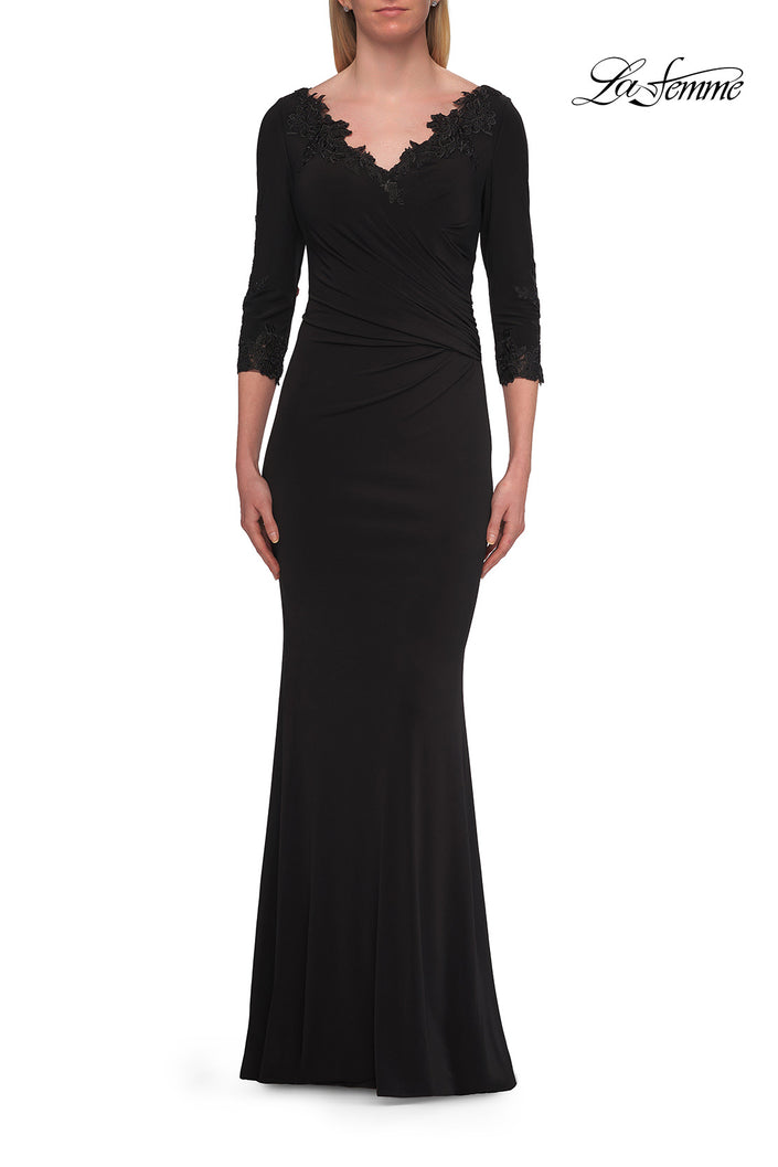 Picture of: V-Neck Lace Trim Gown with Three-Quarter Sleeves in Black, Style: 33658, Detail Picture 3