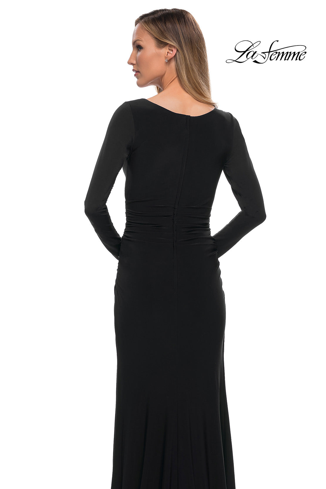 Picture of: Long Sleeve Jersey Evening Dress with Ruching in Black, Detail Picture 4