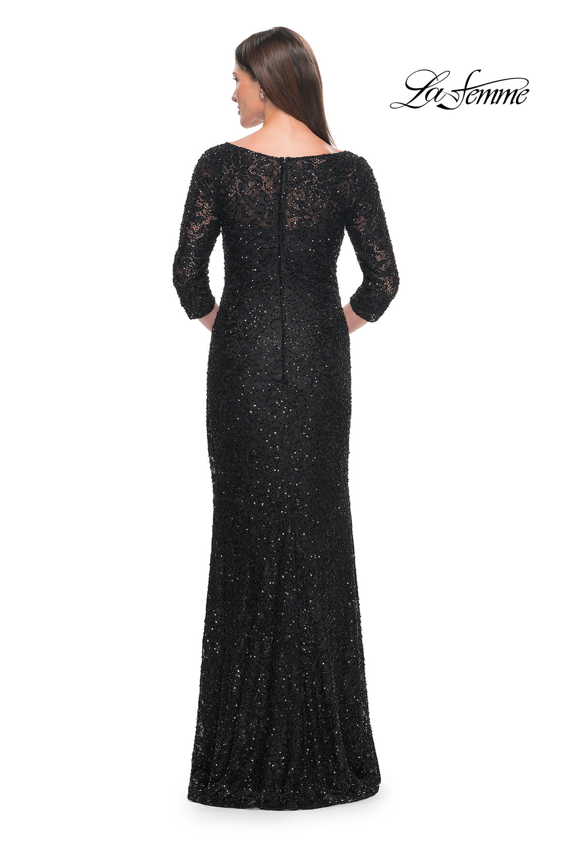 Picture of: Fitted Beaded Lace Evening Gown with Ruching in Black, Style: 31721, Detail Picture 4