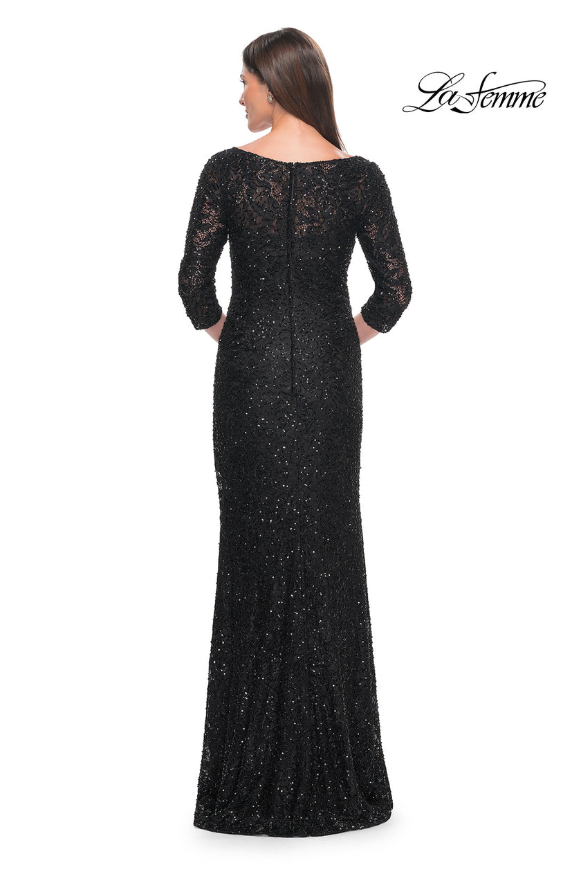 Picture of: Fitted Beaded Lace Evening Gown with Ruching in Black, Style: 31721, Detail Picture 4
