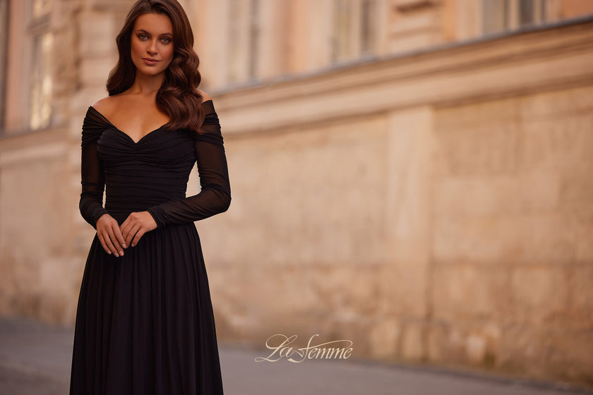 Picture of: Chic Off the Shoulder Net Jersey Gown with Long Sleeves in Black, Style: 32722, Detail Picture 4