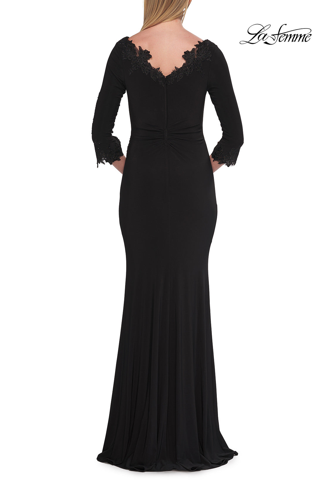 Picture of: V-Neck Lace Trim Gown with Three-Quarter Sleeves in Black, Style: 33658, Detail Picture 4