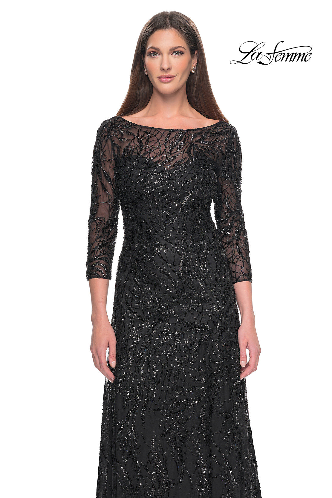Picture of: Beautiful Beaded Long Dress with Illusion Sleeves in Black, Style: 31690, Detail Picture 5