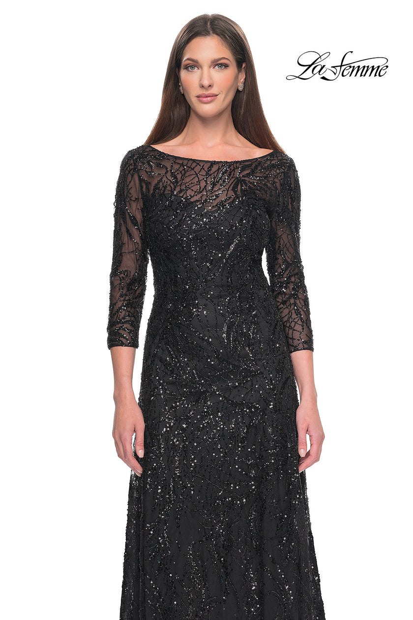 Picture of: Beautiful Beaded Long Dress with Illusion Sleeves in Black, Style: 31690, Detail Picture 5
