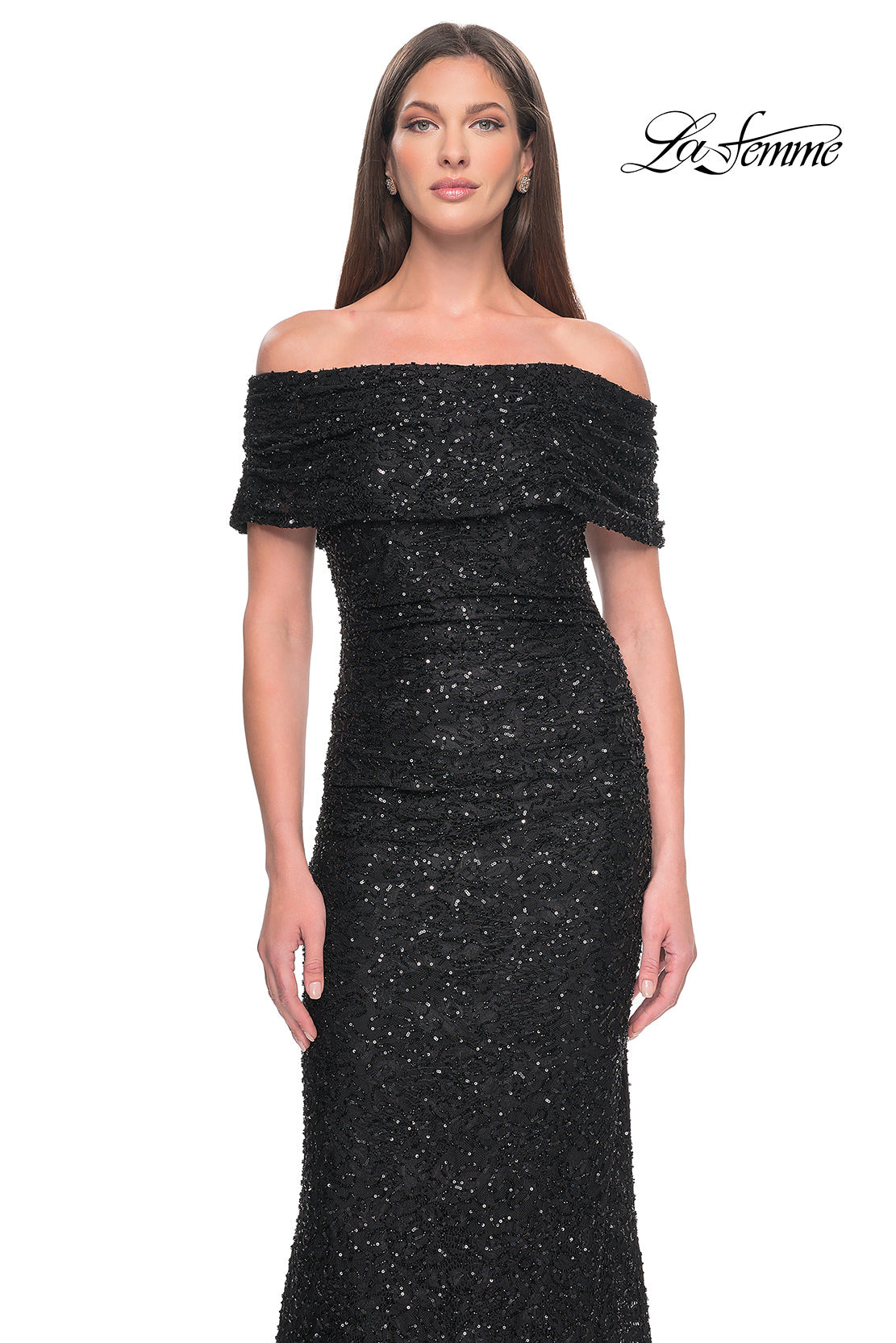 Picture of: Off the Shoulder Ruched Beaded Lace Evening Gown in Black, Style: 31778, Detail Picture 5