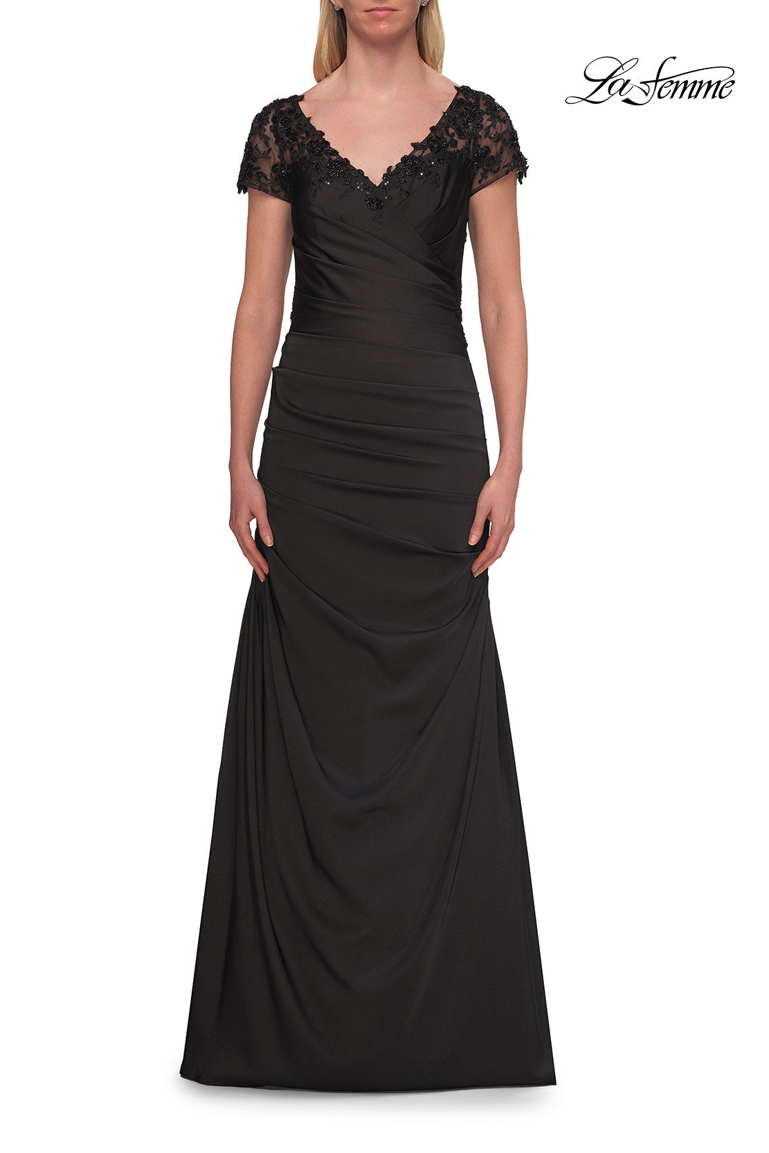 Picture of: Ruched Satin Gown with Lace Cap Sleeves and Illusion Back in Black, Style: 32431, Detail Picture 5