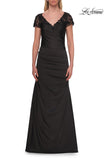 Picture of: Ruched Satin Gown with Lace Cap Sleeves and Illusion Back in Black, Style: 32431, Detail Picture 5