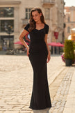 Picture of: Short Sleeve Jersey Gown with Sweetheart Neckline and Ruching in Black, Style: 33146, Detail Picture 5