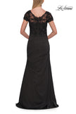 Picture of: Ruched Satin Gown with Lace Cap Sleeves and Illusion Back in Black, Style: 32431, Detail Picture 6