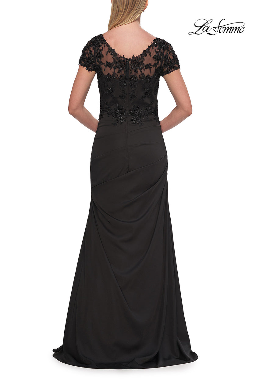 Picture of: Ruched Satin Gown with Lace Cap Sleeves and Illusion Back in Black, Style: 32431, Detail Picture 6