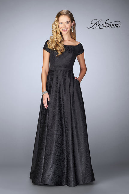 Picture of: Off The Shoulder Jacquard Gown With Small Sleeves in Black, Style: 24859, Main Picture