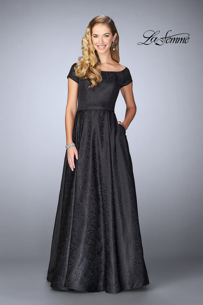Picture of: Off The Shoulder Jacquard Gown With Small Sleeves in Black, Style: 24859, Main Picture